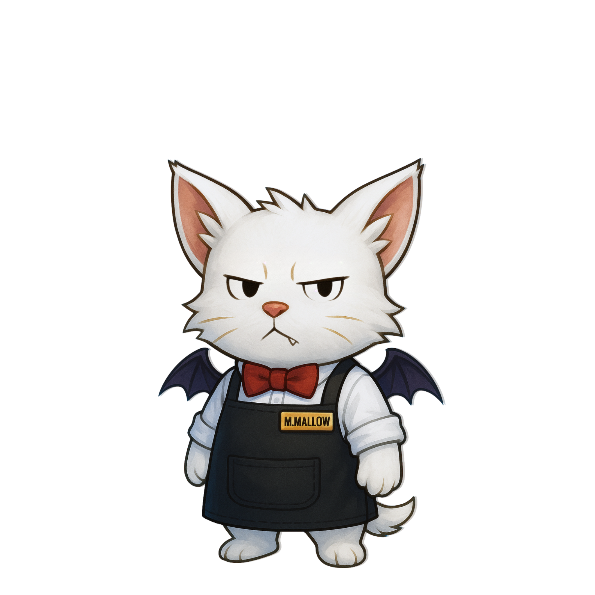 Mallowe, an unimpressed white cat familiar with tiny bat wings, a red bow tie, and a bartender’s apron