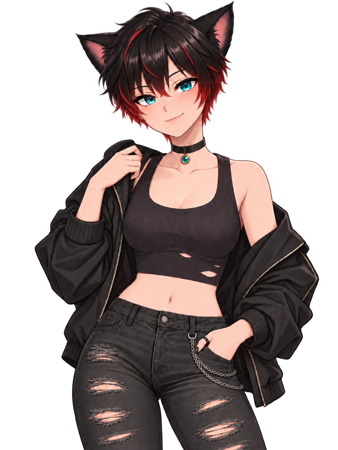 Raven, with short black and red hair, cyan eyes, and a black jacket